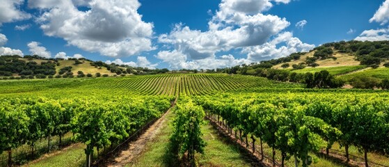 Naklejka premium The vineyard under dramatic blue skies with rolling green rows and sunlit clouds