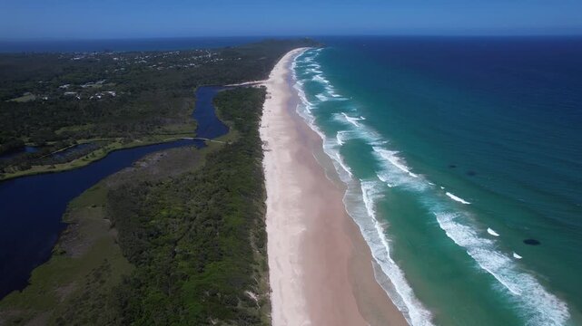 Tallow Beach With Turquoise Seascape In Byron Bay, NSW, Australia - Drone Shot