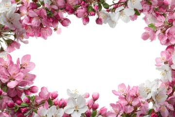 A frame of vibrant pink and white blossoms against a stark white background