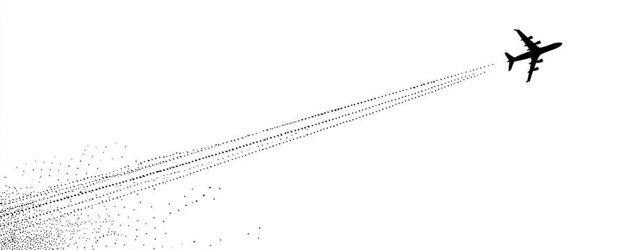 Silhouette of a jet plane leaving vapor trails against a bright white background