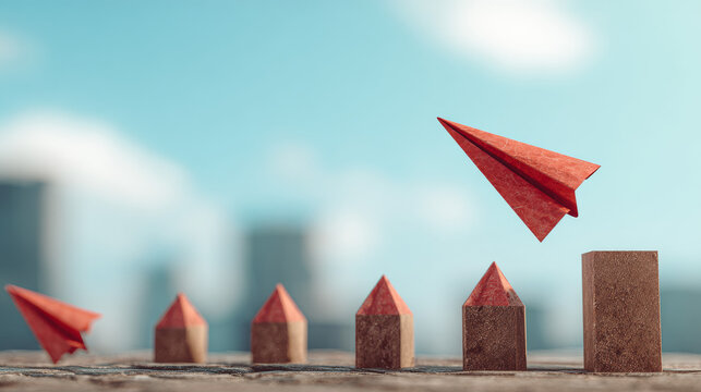 Red paper airplane flying from the past to the future. New Idea concept. business life change concept. Different thinking, Business leader, personality development idea concept
