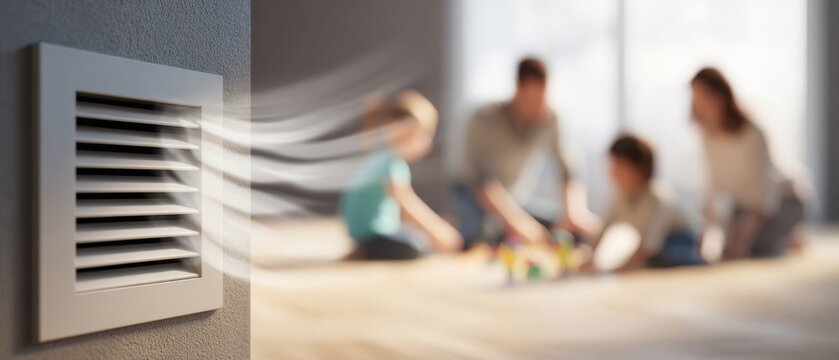 The air vent sending fresh airflow toward a family playing on the living room floor
