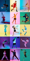 Naklejka premium Vibrant kids sports collage in colorful studio lighting with dynamic action poses. Concept of active childhood lifestyle, youth athletic development and multi sport training program.