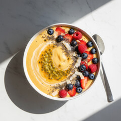 Healthy Tropical Passion Fruit Smoothie Bowl with Fresh Berries and Chia Seeds on White Marble Table