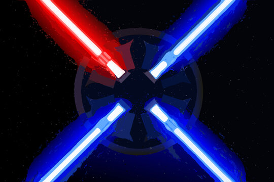 Clashing lightsabers over the galactic empire symbol in dark space