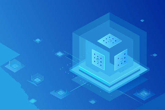 Abstract isometric network illustration with glowing blue cubes and connections