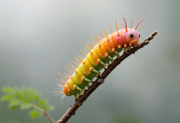 Fototapeta premium Colorful Caterpillar With Strikingly Vibrant Hues Showcasing Beautiful Natural Patterns And Unique Intricate Textures. This Bright Creature Crawls Along A Branch, Highlighting Detailed Biology 