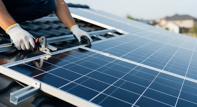 Worker installing solar panels on a rooftop for renewable energy generation.