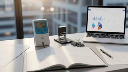 Office desk with digital measuring device, laptop displaying charts, and office supplies on a bright day