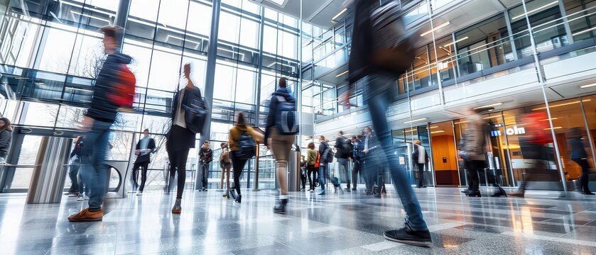Wide angle shot of students walking through a university building with motion blur, representing education flow, academic routine, campus life and daily student movement.