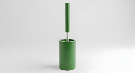 Green cylindrical toilet brush and holder isolated on white