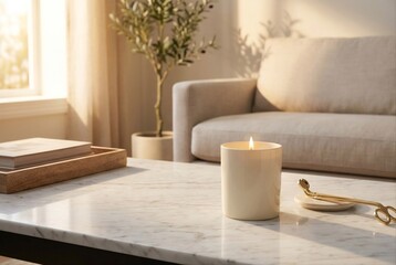 Luxury Scented Candle on Marble Table in Warm Sunlight