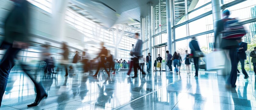 Wide angle view of professionals walking through a large business center with glass architecture, motion blur and active corporate environment.