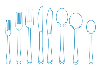 Vector illustration of cutlery set, icon set line art (forks, knives, spoons, blue minimal style)