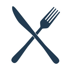 Crossed knife and fork cutlery icon (silhouette, restaurant logo, navy blue, flat design)