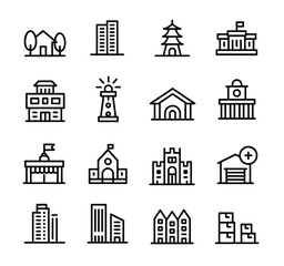 Collection of minimalist line art icons depicting various building structures