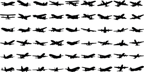 Set of black airplane silhouettes featuring diverse aviation vehicles including vintage biplanes and modern passenger jets isolated on white background. © BIPUL