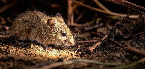 The mouse foraging on a sunlit forest floor among twigs and dry leaves
