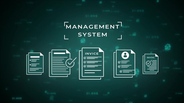Conceptual illustrating a management system for invoices, featuring stylized document and financial data on a dark teal background with subtle digital patterns and currency indicators for