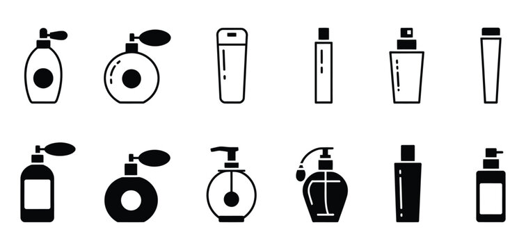 cosmetic bottle and container icon set in line art and solid black silhouette styles, featuring spray pump and perfume atomizer packaging design.