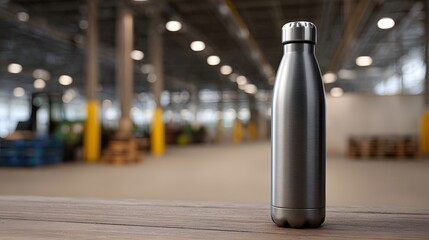 A sleek silver reusable water bottle stands on a wooden table in a blurred industrial warehouse setting
