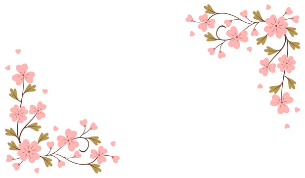 Pastel pink blossom floral corner frame border isolated on transparent background for use invitation, backdrop or wallpaper