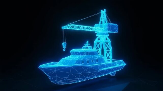 3d Rendered Low Poly Yacht Docked At Unseen Port With Crane Above It Illuminated Neon Blue On Black Background For Maritime Tech Visuals