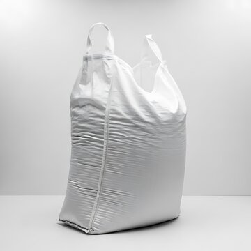 Large white polypropylene woven bulk bag with two lifting loops, standing on a light gray surface, isolated on white background