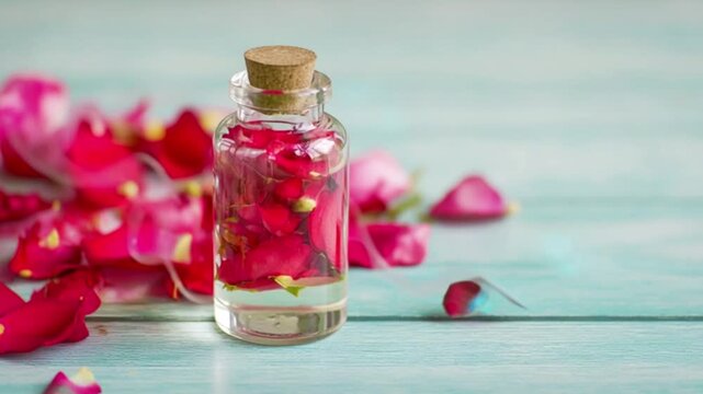 Glass bottle filled with red rose petals and cork stopper on wooden background, romantic floral composition with natural fragrance concept, decorative botanical still life, soft aesthetic beauty cinem