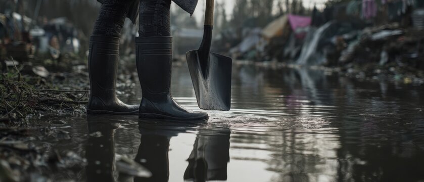 The Shovel and Rubber Boots Standing in Muddy Water at an Encampment