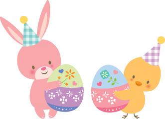 イースターエッグを持ったうさぎとひよこ © imoan