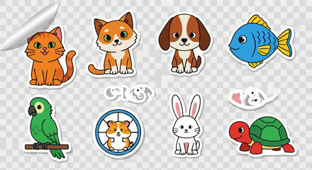 Obraz premium Colorful cartoon animals stickers set including cat dog fish parrot rabbit turtle and more on transparent background