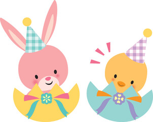 卵から顔を出すうさぎとひよこ © imoan