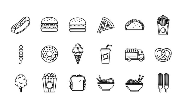 Street Food Outline Icons Set Editable Stroke 64x64 Pixel Perfect Fast Food Vector Pack