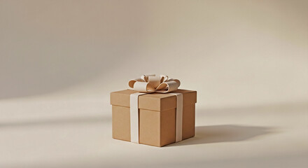 Brown gift box with white ribbon and bow on beige background