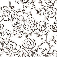 Floral Seamless Pattern with Line Art Flowers Hand Drawn Style. Minimalist Botanical Background in Trendy Linear Style. Floral Vector Illustration for Textiles, Wall Décor, Prints © Наталья Дьячкова