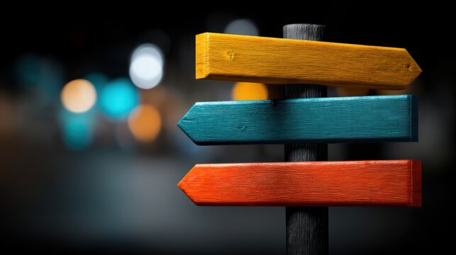 Three Colorful Wooden Arrows Pointing in Different Directions at Night Decision Making Strategy and Uncertain Path Vision Beyond Confusion