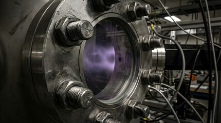 Fototapeta premium Macro of Stainless Steel UHV Vacuum Flange with Bolts and Violet Plasma Glow