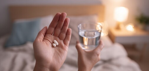 The pills in hand beside a glass of water at bedside before sleep