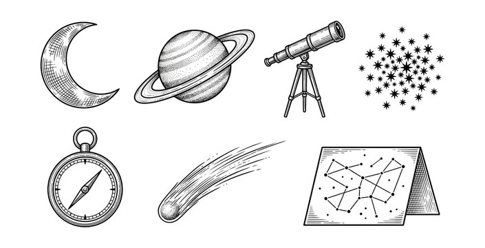 Antique ink astronomy curiosities symbol set.