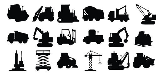 Construction equipment silhouette icon set with excavator, bulldozer, dump truck, crane, forklift, concrete mixer and industrial heavy machinery vector collection © Nur