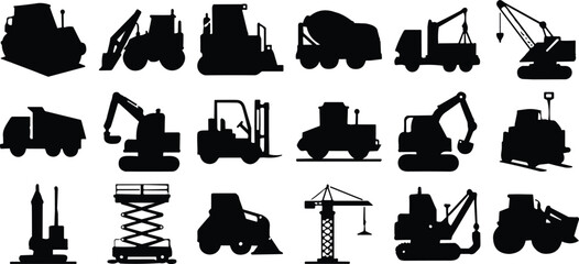 Construction equipment silhouette set with excavator, bulldozer, dump truck, crane, forklift, concrete mixer and heavy machinery vector icons collection © Nur