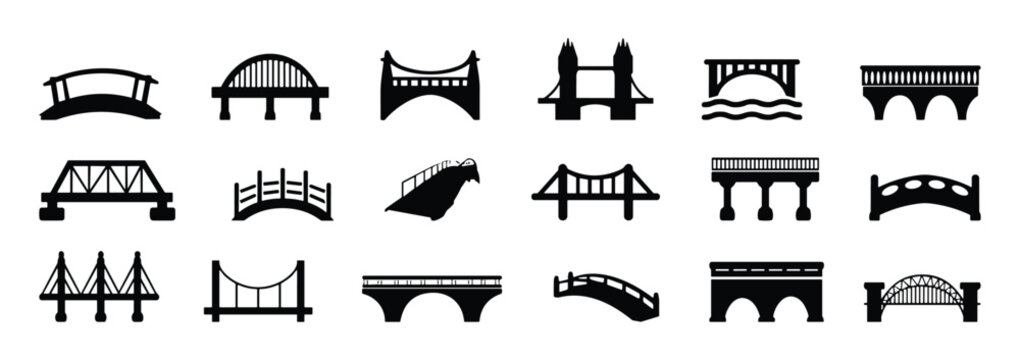 Bridge silhouettes vector set featuring arch, suspension, truss and pedestrian bridges isolated black icons for architecture, infrastructure and transportation design