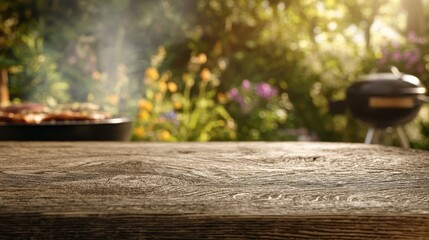 Fototapeta premium The Wooden Table in a Sunny Backyard Barbecue Scene with Blurred Grills