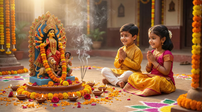 Indian children in traditional attire praying before a Durga ido