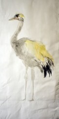 Fototapeta premium Watercolor painting of a crane. Grey, yellow and black plumage on a textured white background