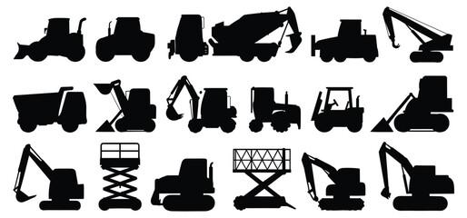 Heavy construction equipment silhouettes collection featuring excavator, bulldozer, dump truck, crane, loader and scissor lift industrial machinery vector icon set © Nur