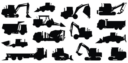 Heavy construction equipment silhouettes collection featuring excavator, bulldozer, dump truck, loader, crane and concrete mixer for industrial building vector design set © Nur