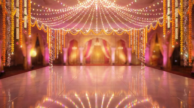 Illuminated Wedding Stage with Draping Lights and Flower Garland