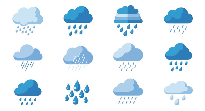 A collection of twelve distinct cartoon-style illustrations depicting various types of rain clouds and falling precipitation.